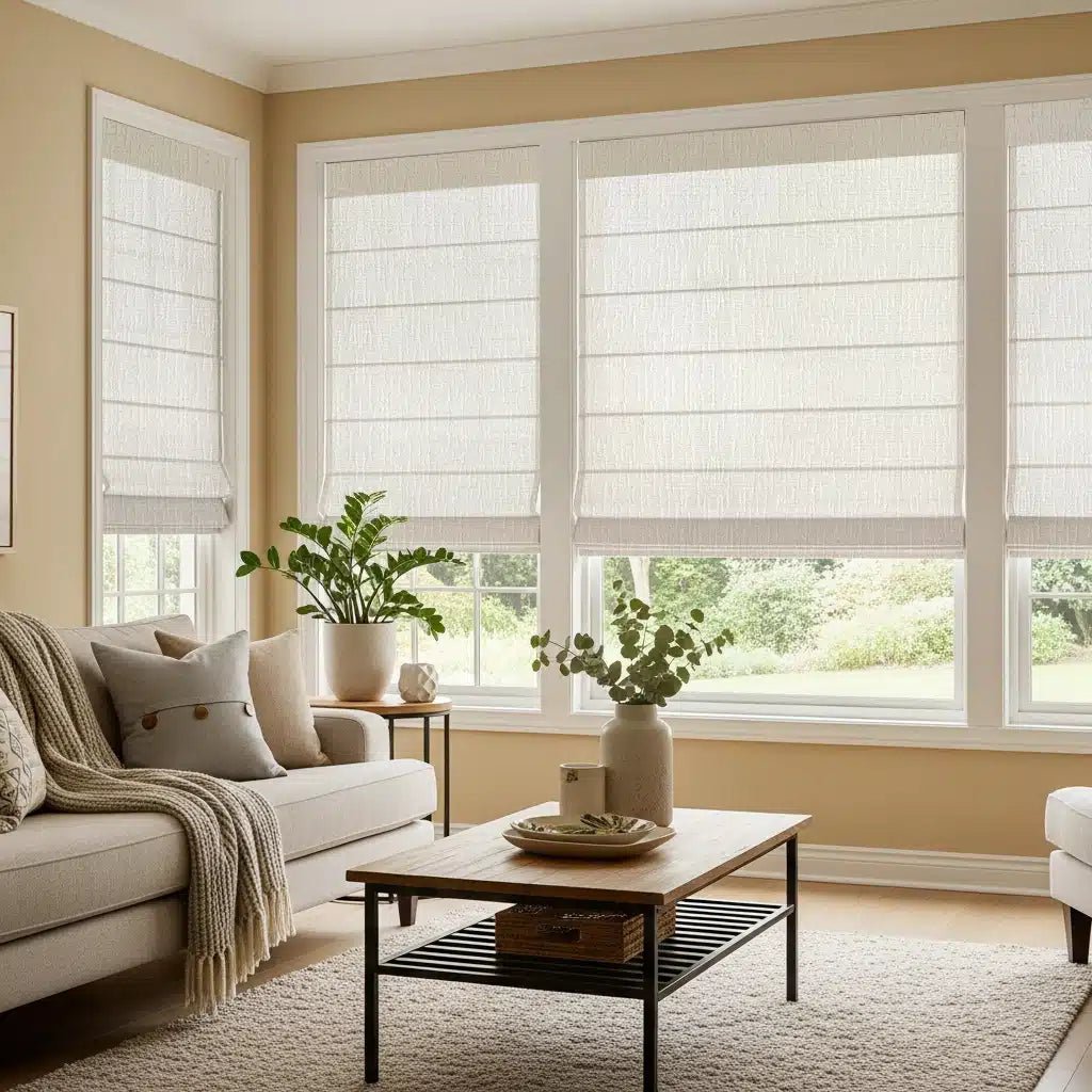 Motorized Roman shades in bright living room with beige sofas, wooden coffee table, indoor plants, and large windows overlooking green garden.